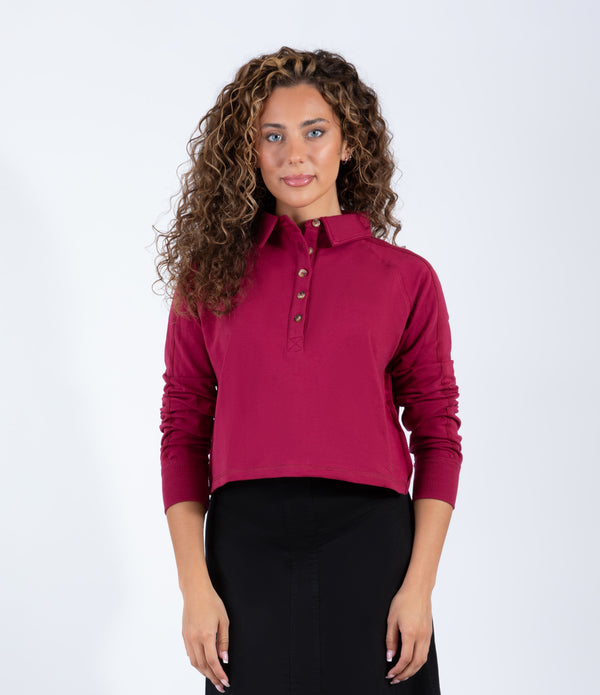 Cherry Cropped Polo Top With Button Front Detail