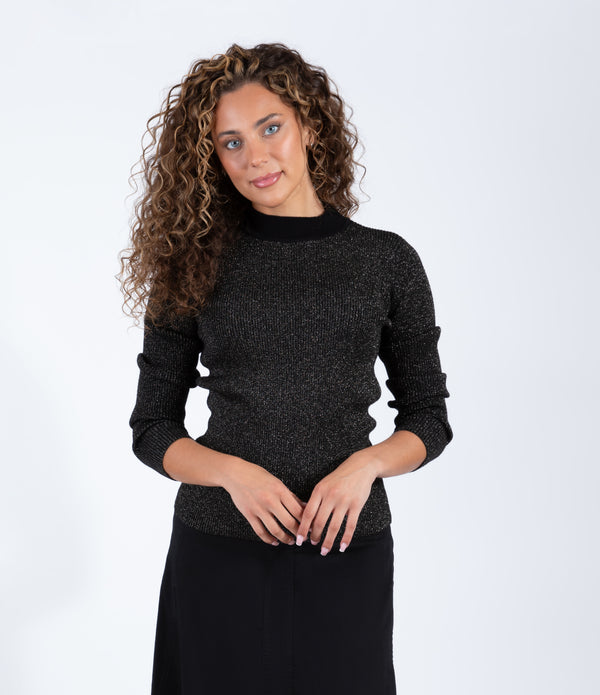 Black Gold Metallic Knit Sweater With Classic Crew Neck