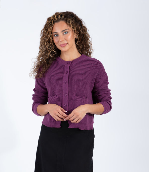 Med Purple Button Front Cardigan With Front Pockets