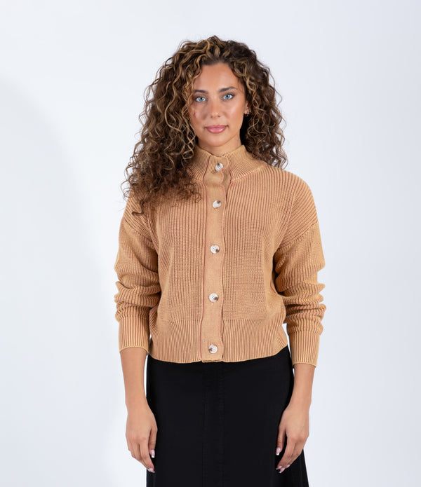 Plum Wash Ribbed Cardigan With Statement Buttons And High Neckline