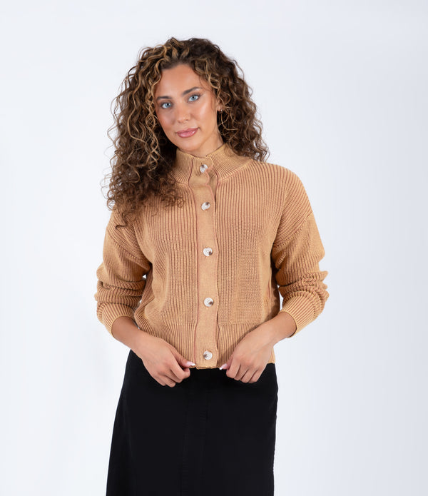 Plum Wash Ribbed Cardigan With Statement Buttons And High Neckline