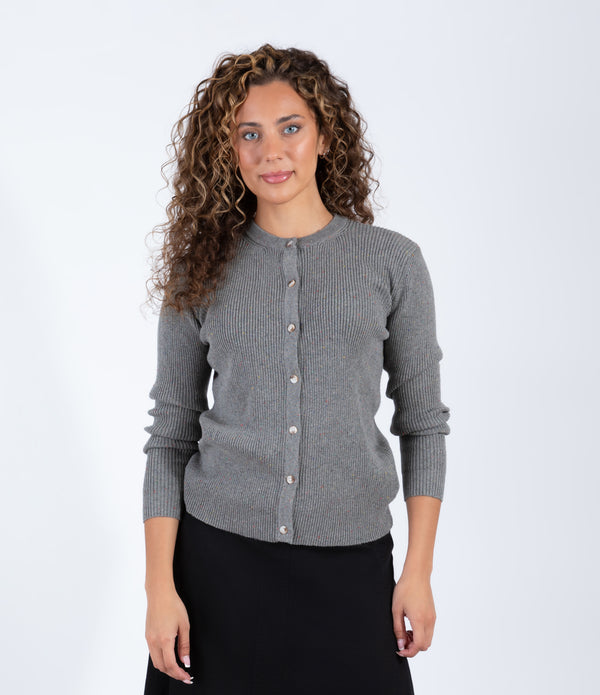Heather Grey Ribbed Cardigan With Speckled Dot Detail And Classic Button Front Design