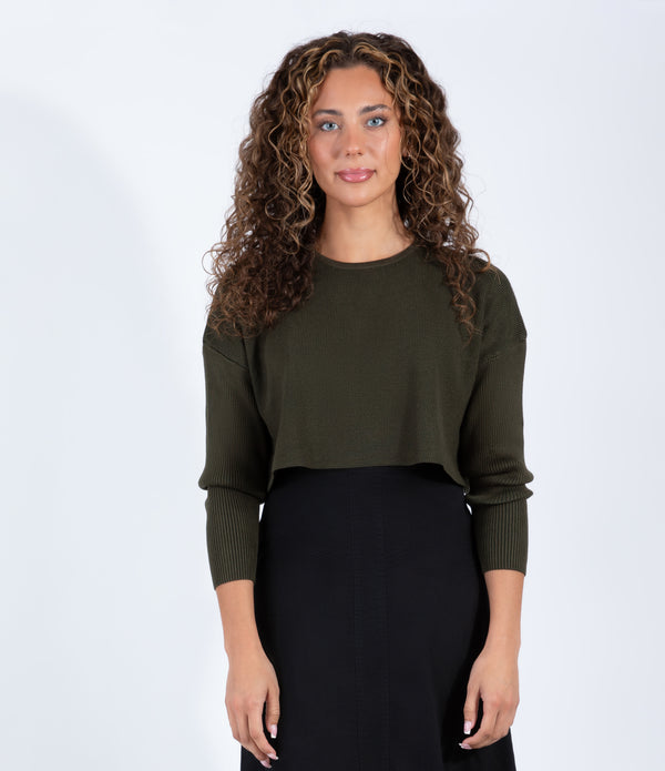 Olive Cropped Sweater With Classic Long Sleeves