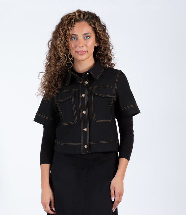 Black Short Sleeve Button Down Top With Contrast Stitching And Front Pockets