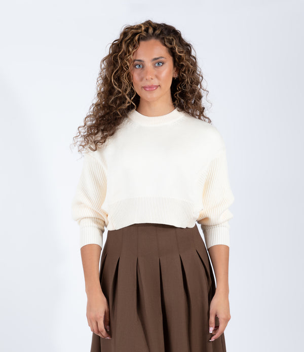 Ivory Cropped Sweater With Classic Ribbed Detailing