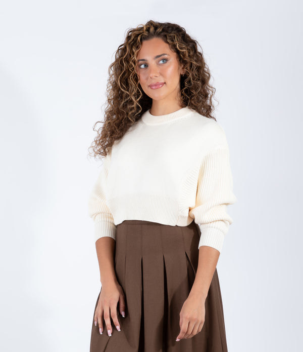 Ivory Cropped Sweater With Classic Ribbed Detailing