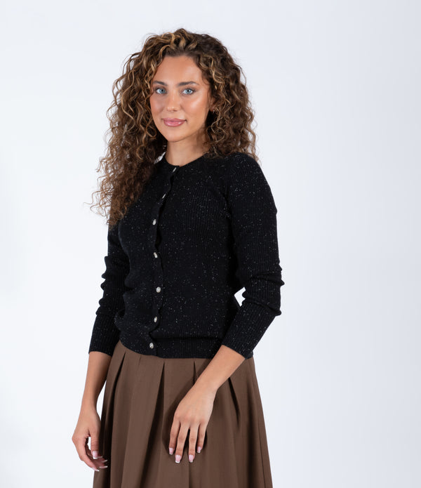 Black Heather Ribbed Cardigan With Speckled Dot Detail And Classic Button Front Design
