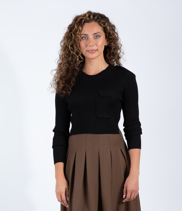 Black Ribbed Sweater With Front Chest Pocket Detail