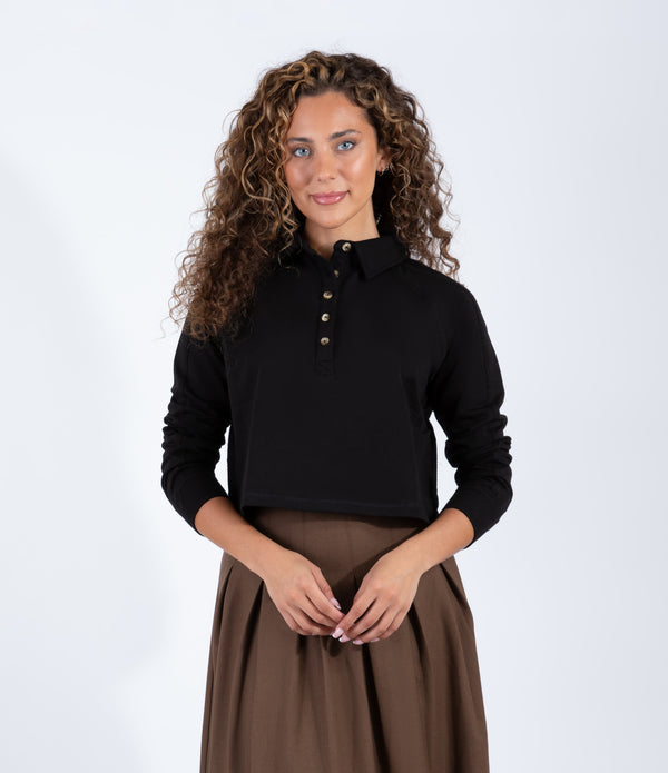 Black Long Sleeve Polo Top With Button Front And Cropped Fit