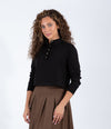 Black Long Sleeve Polo Top With Button Front And Cropped Fit