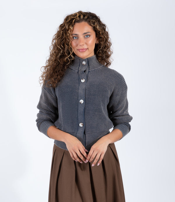 Dark Denim Wash Ribbed Cardigan With Statement Buttons And High Neckline