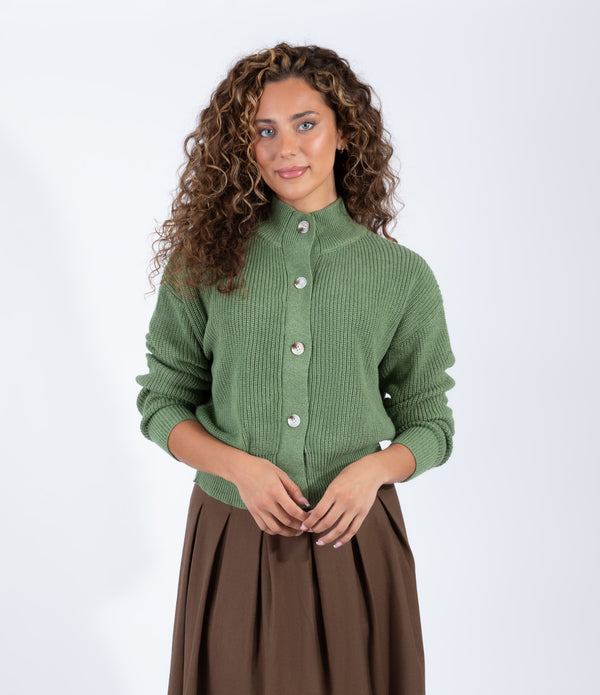 Heather Olive Ribbed Cardigan With Statement Buttons And High Neckline
