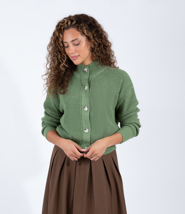 Heather Olive Ribbed Cardigan With Statement Buttons And High Neckline