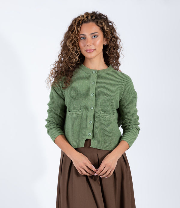 Heather Olive Button Front Cardigan With Front Pockets