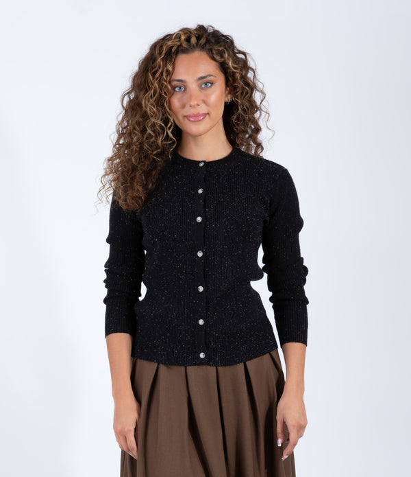 Black Metallic Ribbed Cardigan With Speckled Dot Detail And Classic Button Front Design