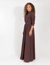 Long Sleeve Burgundy Metallic Maxi Dress With Subtle Sparkle And Flowing Skirt