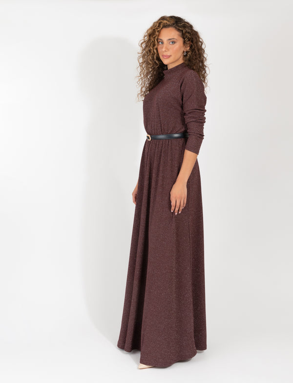 Long Sleeve Burgundy Metallic Maxi Dress With Subtle Sparkle And Flowing Skirt