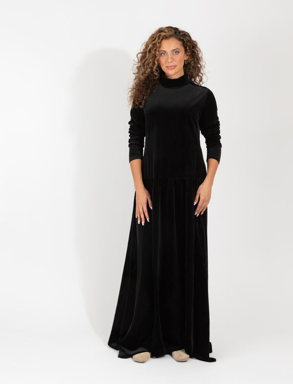 Black Velvet Long Sleeve Maxi Dress With High Neck