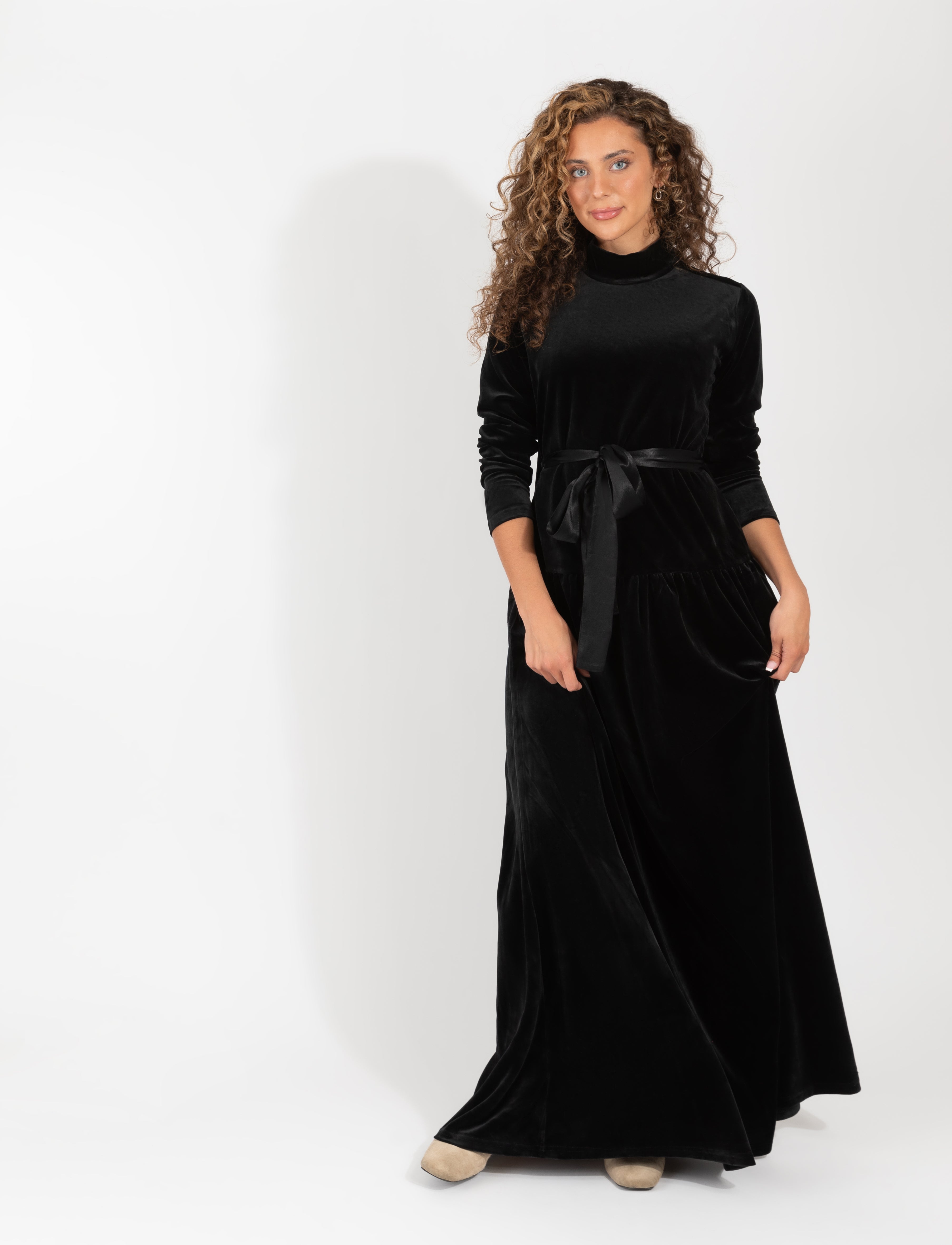 Black Velvet Long Sleeve Maxi Dress With High Neck – thelingerieshopny