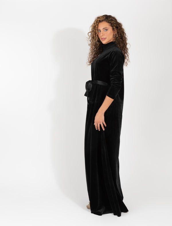 Black Velvet Long Sleeve Maxi Dress With High Neck
