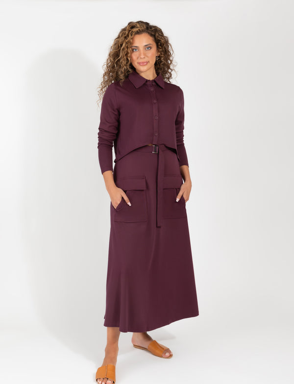 Eggplant Two Piece Set Featuring Fitted Sweater And Flowing Skirt