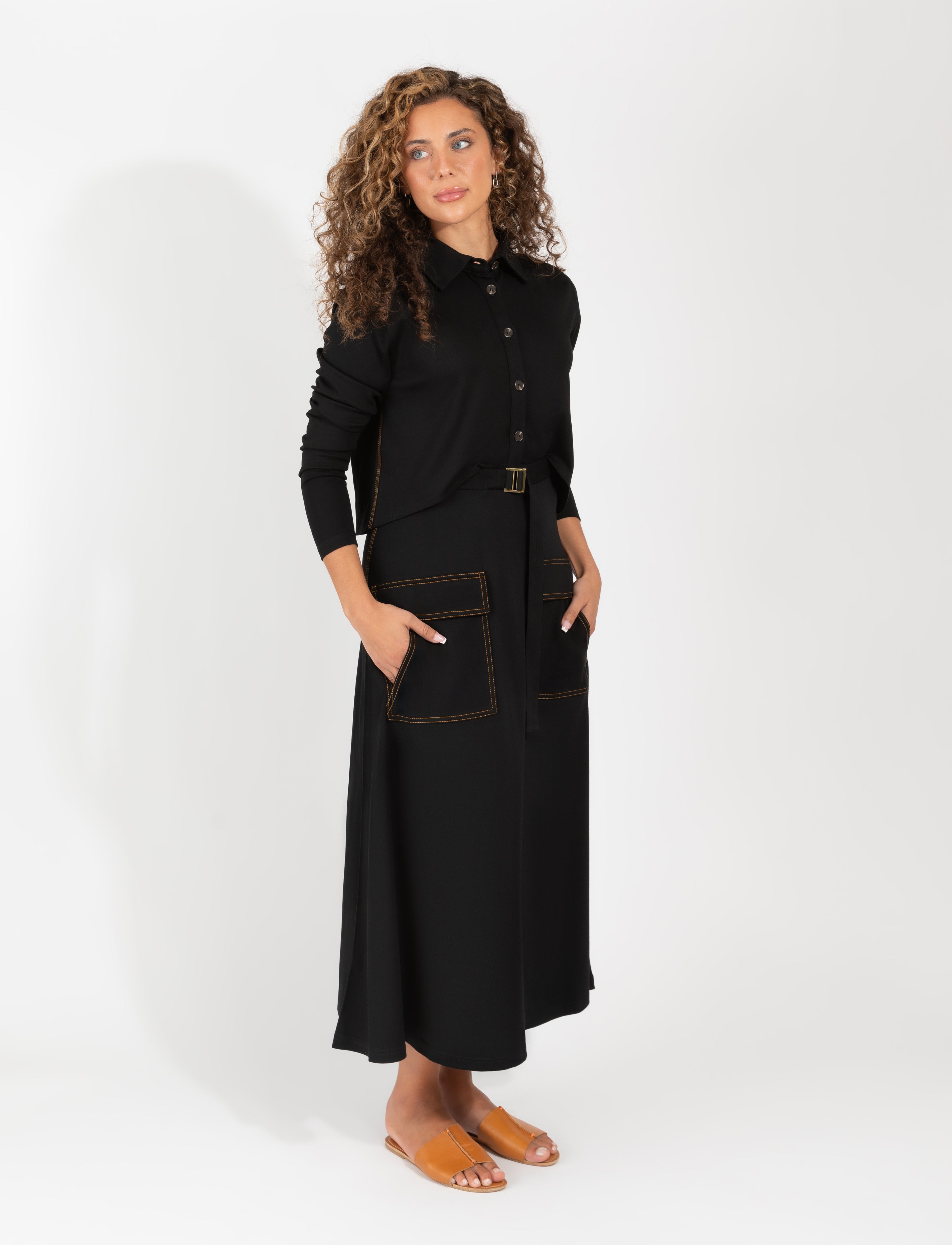 Black Two Piece Set Featuring Button Down Shirt And Pocketed Skirt