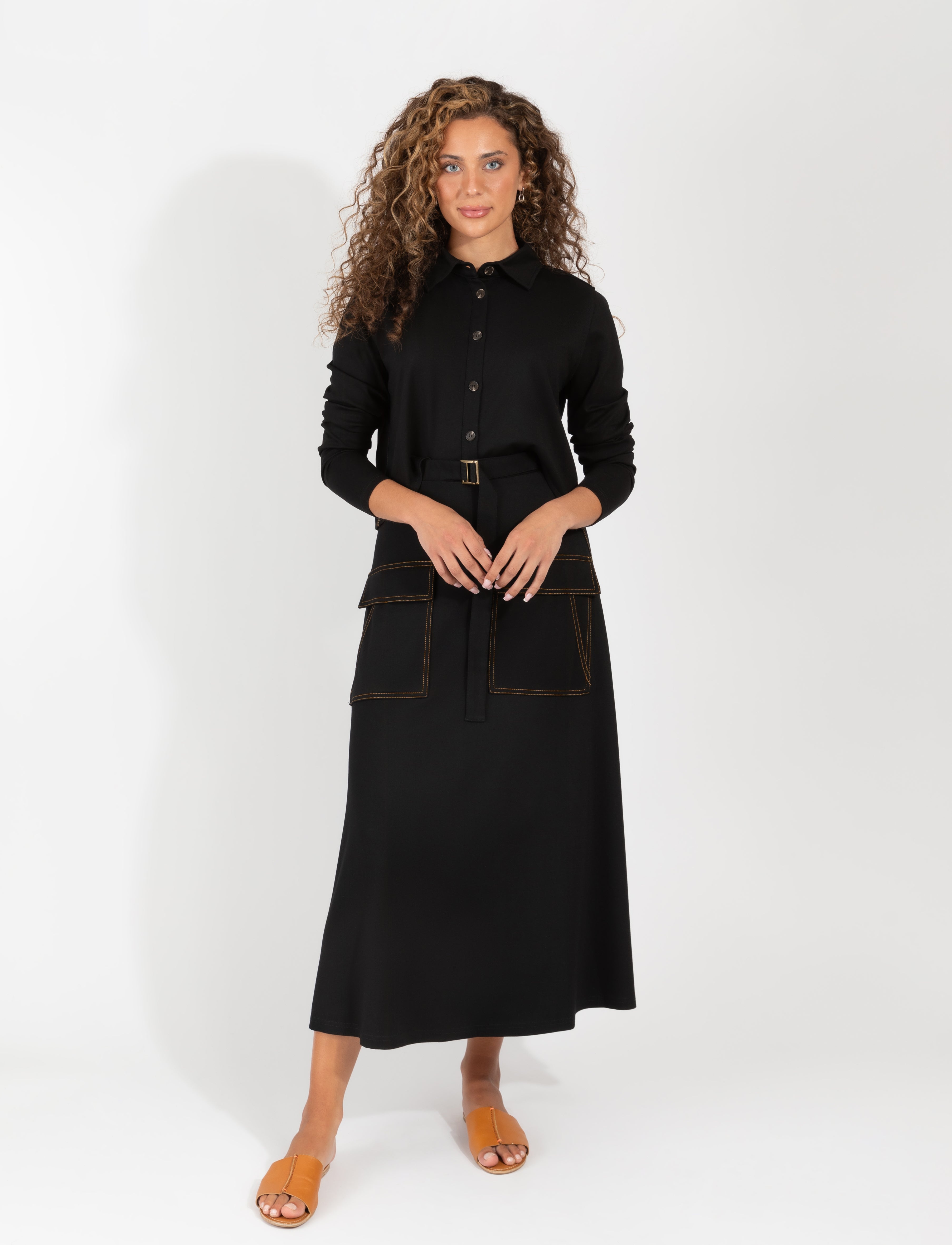 Black Midi Skirt With Belted Waist And Large Front Pockets