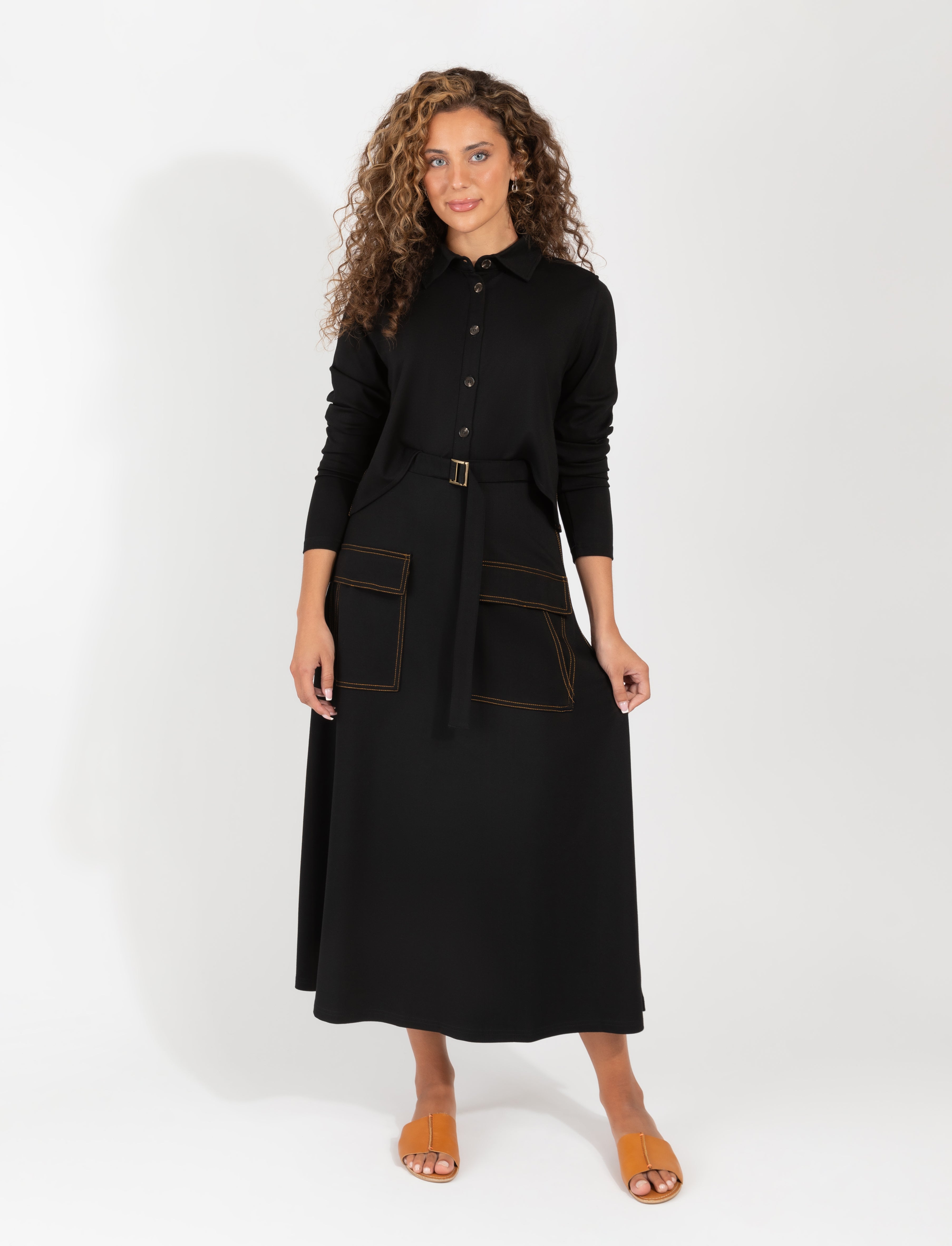 Black Midi Skirt With Belted Waist And Large Front Pockets