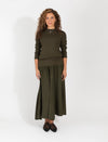 Olive Two Piece Set Featuring Fitted Sweater And Flowing Skirt