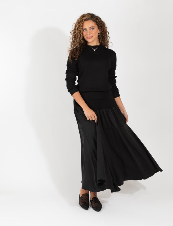 Black Two Piece Set Featuring Fitted Sweater And Flowing Maxi Skirt