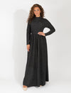 Long Sleeve Black Metallic Maxi Dress With Subtle Sparkle And Flowing Skirt