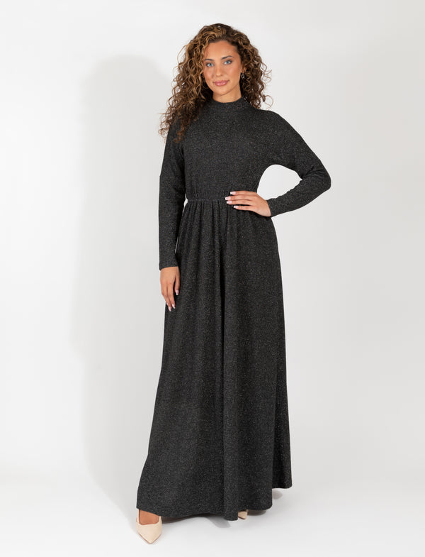 Long Sleeve Black Metallic Maxi Dress With Subtle Sparkle And Flowing Skirt