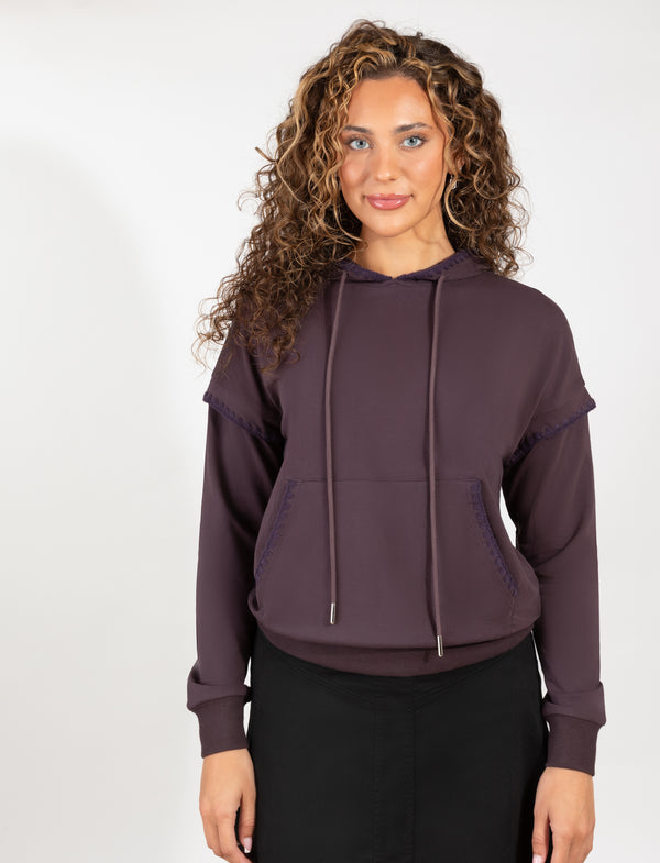 Plum Pullover Hoodie With Soft Fabric, Kangaroo Pocket