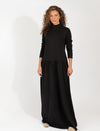 Black Long Sleeve Maxi Dress With High Neck And Satin Waist Tie