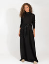 Black Long Sleeve Maxi Dress With High Neck And Satin Waist Tie