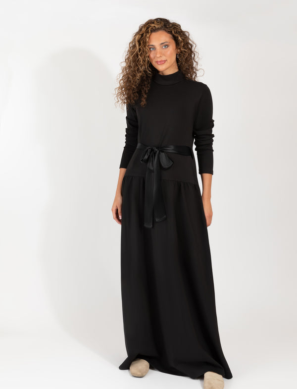 Black Long Sleeve Maxi Dress With High Neck And Satin Waist Tie
