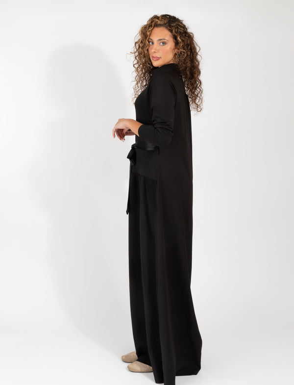 Black Long Sleeve Maxi Dress With High Neck And Satin Waist Tie