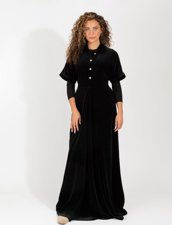 Black Velour Maxi Robe With Shiny Buttons