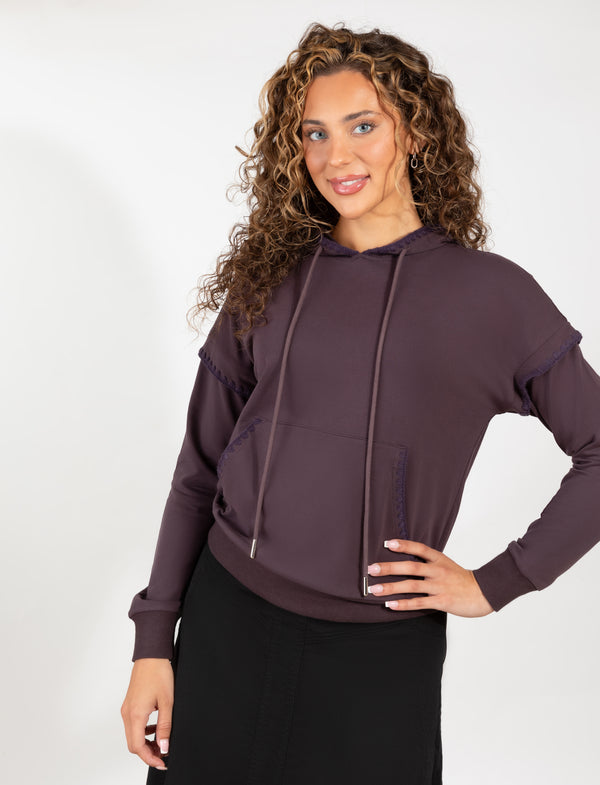 Plum Pullover Hoodie With Soft Fabric, Kangaroo Pocket