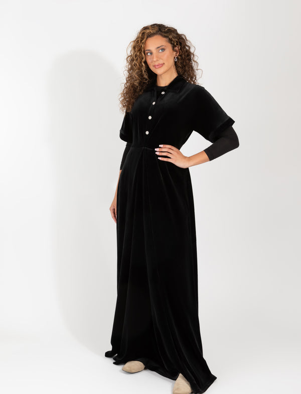 Black Velour Maxi Robe With Shiny Buttons