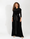 Black Velvet Maxi Dress With Short Sleeves, Satin Waist Tie, And Flowing Skirt