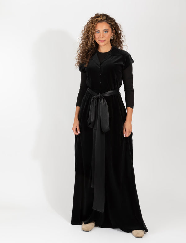 Black Velvet Maxi Dress With Short Sleeves, Satin Waist Tie, And Flowing Skirt