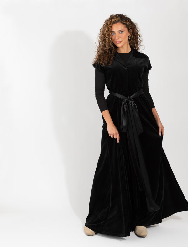 Black Velvet Maxi Dress With Short Sleeves, Satin Waist Tie, And Flowing Skirt