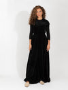 Black Velvet Maxi Dress With Short Sleeves, Satin Waist Tie, And Flowing Skirt