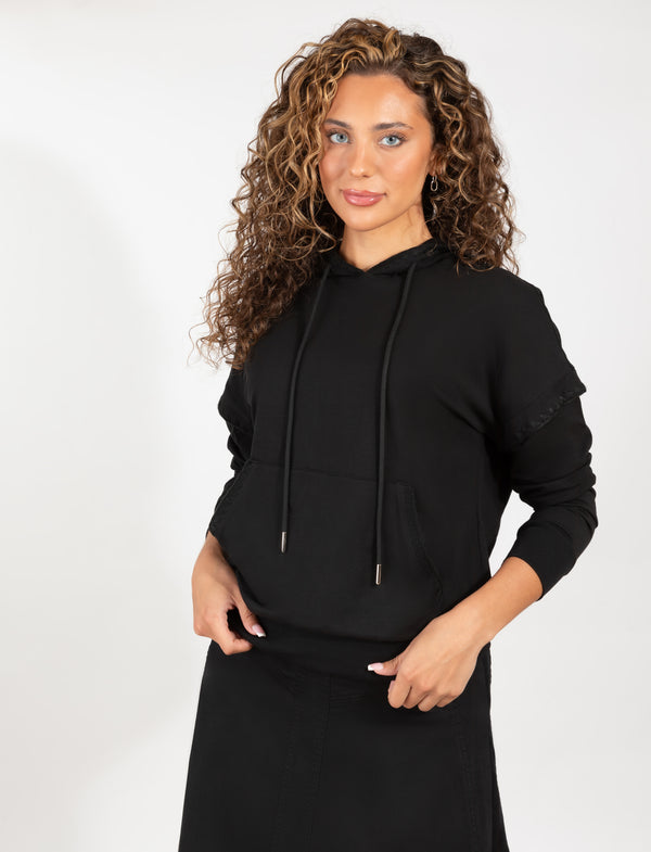 Black Pullover Hoodie With Soft Fabric, Kangaroo Pocket