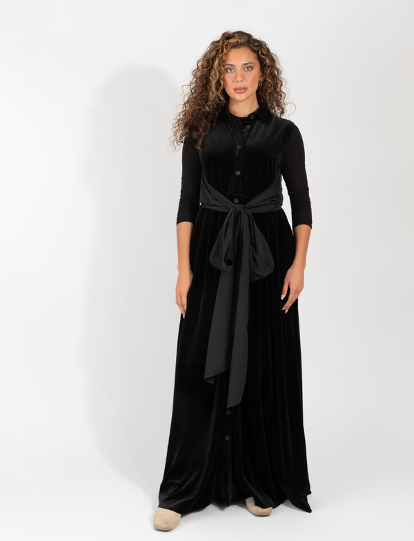 Black Velour Button Down Maxi Dress With Satin Waist Tie And Flowing Silhouette