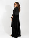 Black Velour Button Down Maxi Dress With Satin Waist Tie And Flowing Silhouette
