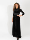 Black Velour Button Down Maxi Dress With Satin Waist Tie And Flowing Silhouette
