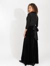 Black Velour Button Down Maxi Dress With Satin Waist Tie And Flowing Silhouette