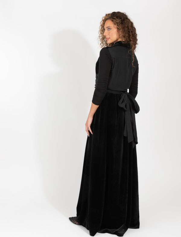 Black Velour Button Down Maxi Dress With Satin Waist Tie And Flowing Silhouette